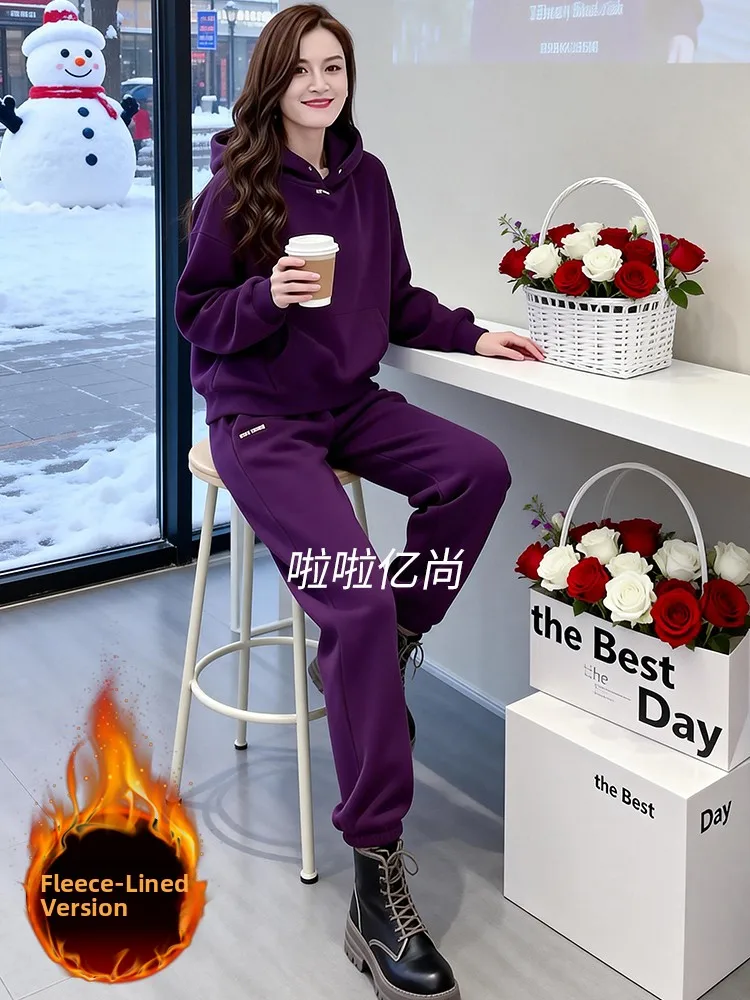 

Ретро-костюм в гонконгском стиле для женщин: повседневный комплект весна 2026, новая флисовая толстовка с длинным рукавом и брюки с высокой талией и широкими штанинами, комплект из двух предметов