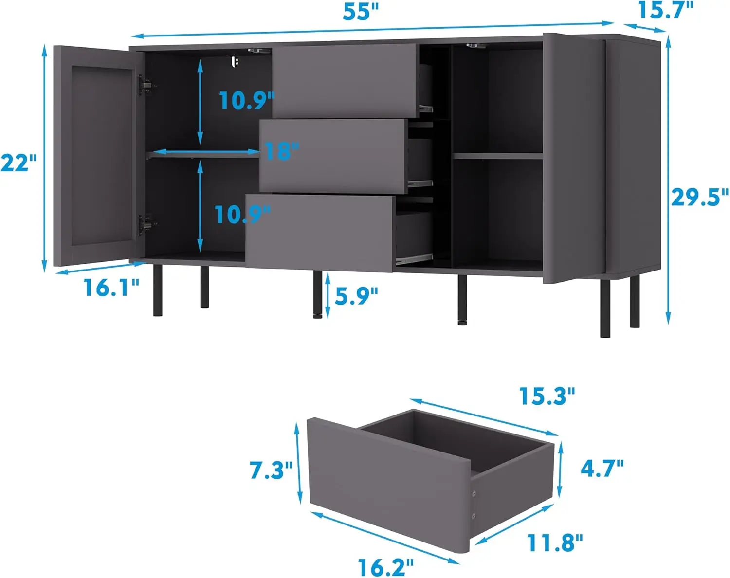 Aparador Buffet com 3 Gavetas e 2 Portas, Armário Autônomo Moderno, Pernas Metálicas e Borda Curva