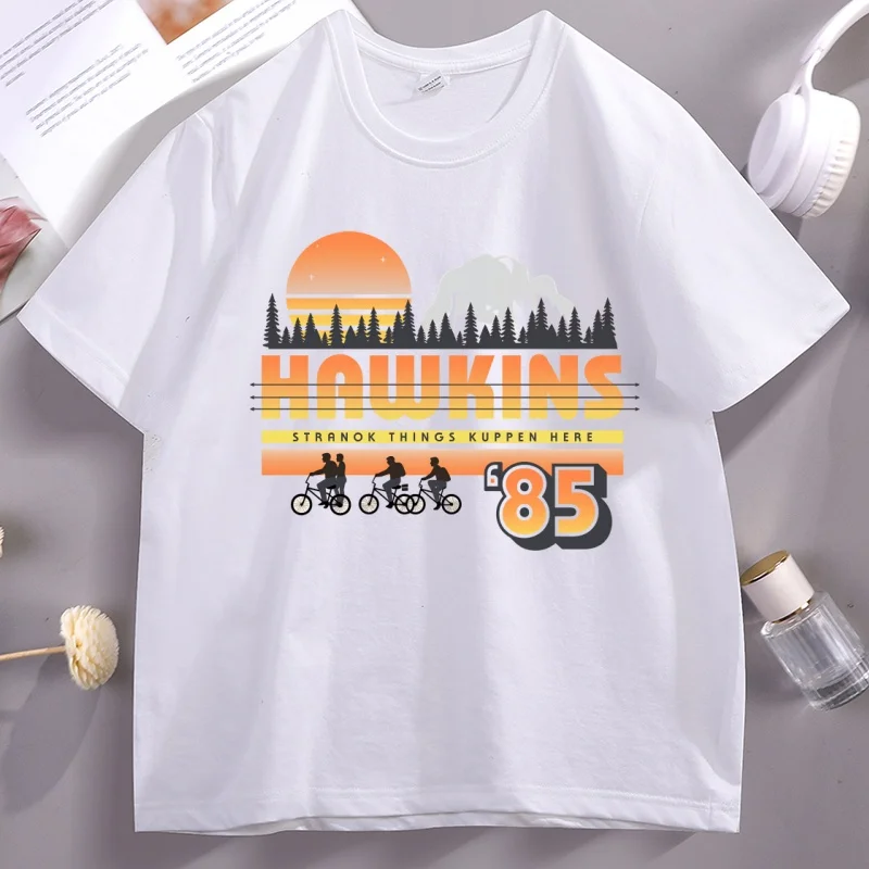 Netflix Hawkins Strange Things 85 Retro T-Shirt Men Women By Bike Printed T Shirt Casual Graphic Tees Loose Short Sleeve Tshirt