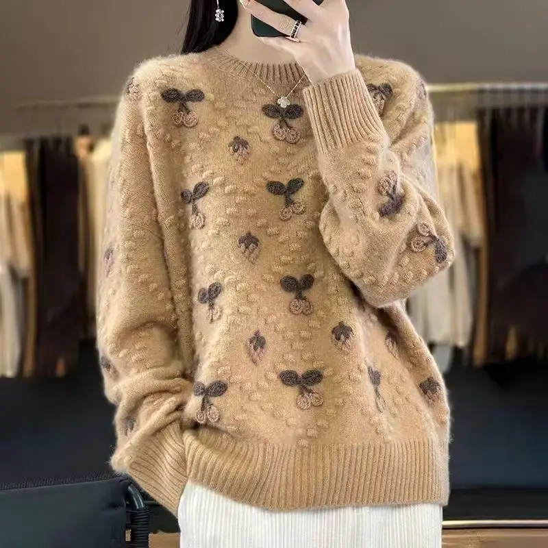 Women\'s Vintage Fashion Embroidery Solid Color Sweaters Autumn Winter New O-Neck All-match Korean Long Sleeve Knitted Pullovers