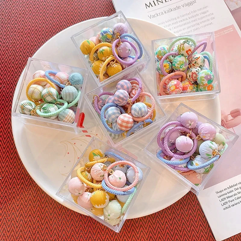 10 pçs bonito houndstooth floral bola pingente meninas adorável elástico corda de cabelo acessórios para o cabelo crianças laços de cabelo headwear