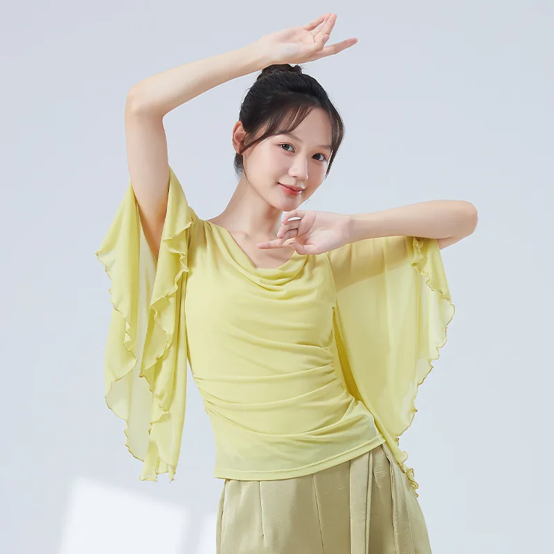 المرأة الحديثة الرقص شبكة أعلى شق كم طاقم مطوي طوق تول قميص قاعة الرقص اللاتينية التدريب الملابس بلوزة العرقية #2