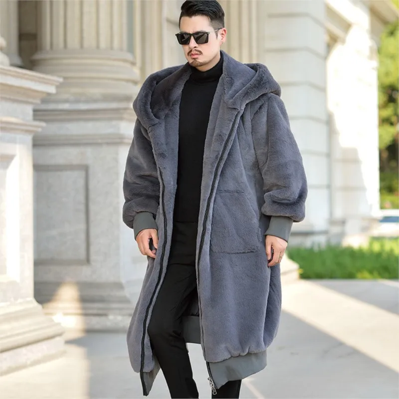 Oversized Loose Man\'s Long Fur Coat Faux Rabbit Fur Hooded Jacket Large Size Pockets Zipper Thick Warm Winter X-long Overcoat