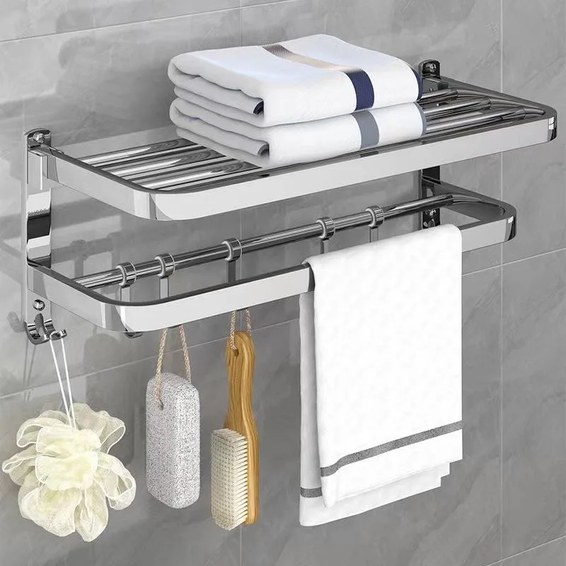 

304 Stainless Steel Towel Rack Bathroom Storage Rack Non Punching Foldable Bathroom Towel Storage Rack Bathroom Hardware Pendant