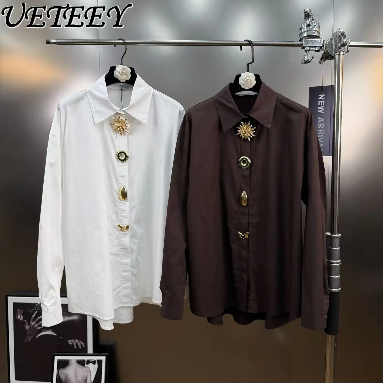 

2026 Spring New Turn-Down Collar Metal Button Decorative Oversized Long Sleeve Shirt French Elegant Temperament Solid Color Top