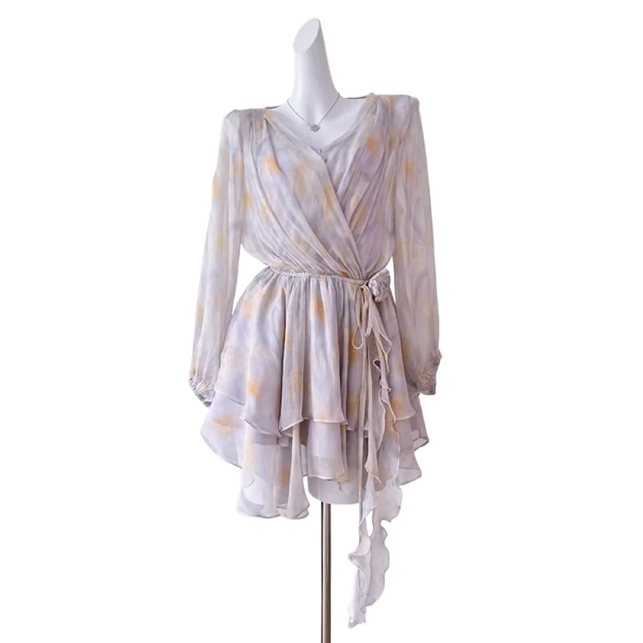 Lace-up chiffion com decote em v vestido feminino verão streetwear roupas elegantes senhora manga longa em camadas babados vestidos bodycon