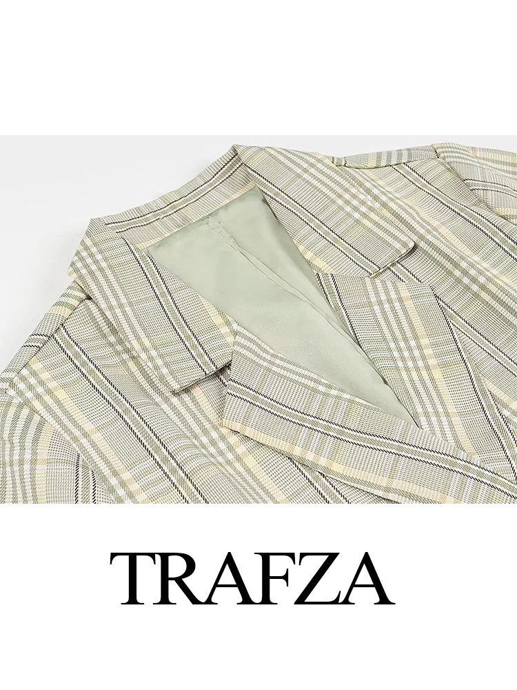 TRAFZA Weibliche Neue Frische Grün Plaid Zweireiher Blazer Frauen Drehen Unten Kragen Mit Langen Ärmeln Täglichen Pendeln Taschen Jacke