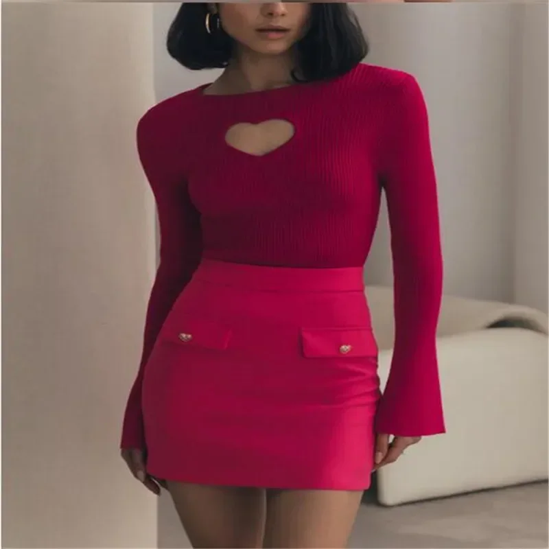 Heart Hollow Out Cropped Sweaters For Women 2024 O-Neck Flare Sleeve Red Jumper Sweater Autumn Winter Long Sleeve Knitted Top