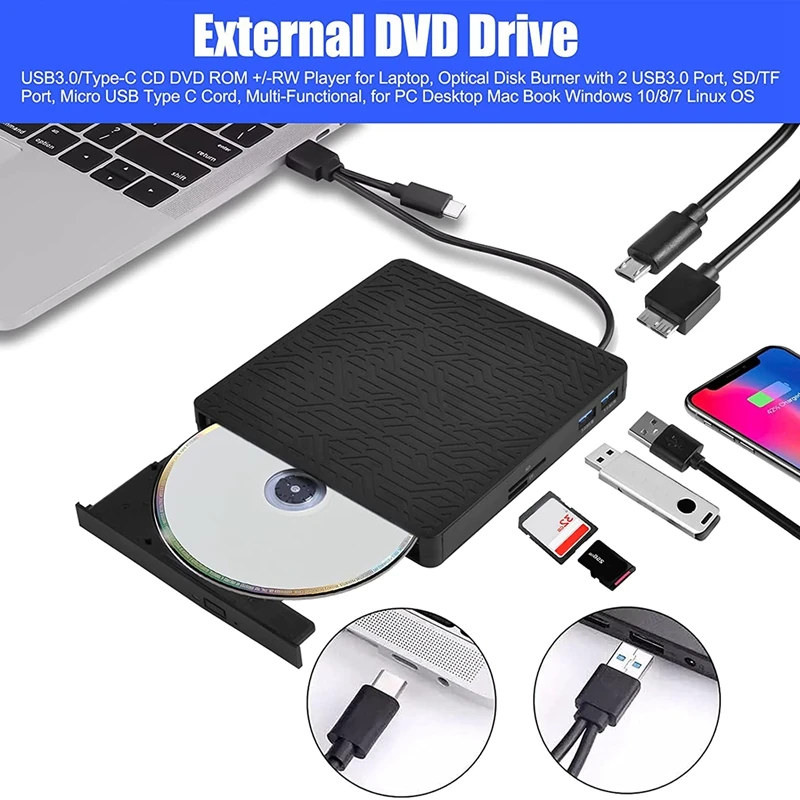 외장 DVD 드라이브, USB3.0/C타입 DVD CD ROM +/-RW 플레이어, 광학 디스크 버너, 2 USB3.0 포트, SD/TF 포트