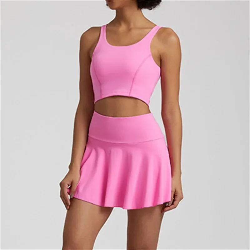 

Yoga Women's Short Skirt 2-piece Set Sleeveless Crop Top Gym Running Badminton Skirt Suit Quick Dry Breathable Sports Sets