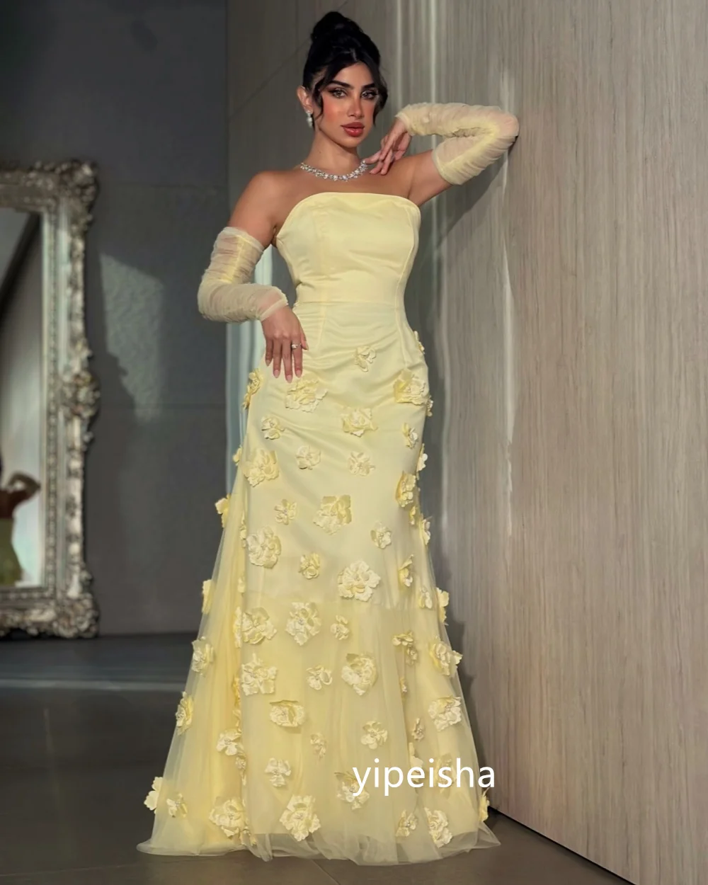 Customized Exquisite Flower Mermaid Strapless Long Dresses Prom Dresses Modern Style Pastrol Unisex Chinese Style Formal Casual
