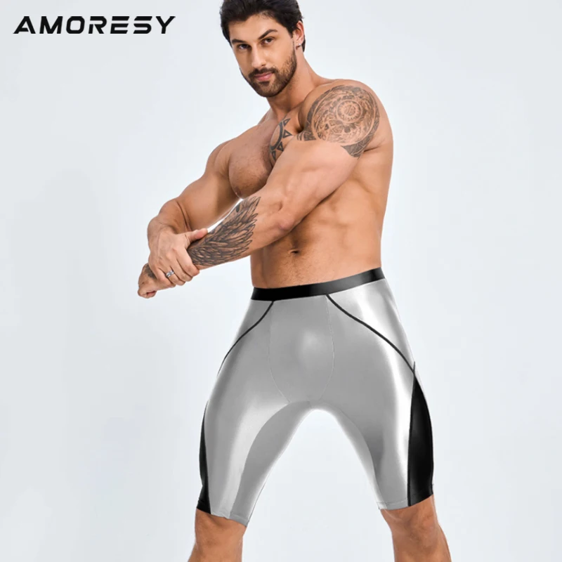 AMORESY pantaloncini da motociclista sportivi al ginocchio in raso lucido serie Pantaloni fitness per il tempo libero ciclismo wrestling pantaloni yoga lisci a cinque punti