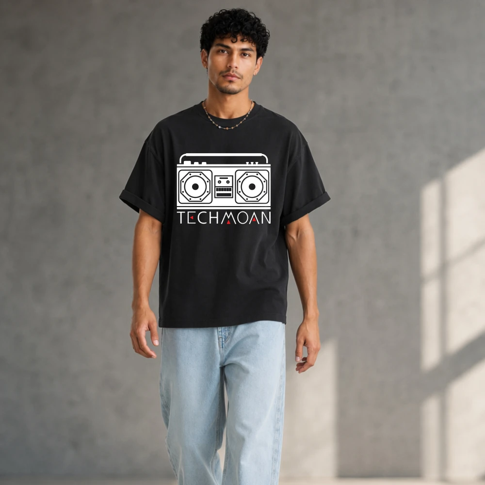 Techmoan Boombox Line Art T-Shirt Vintage Cassette Radio Outline Graphic Tee Retro Audio Tech Enthusiast Unisex Cotton Shirt