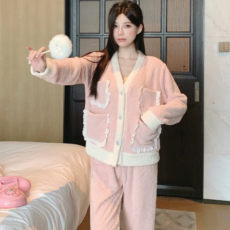 

New Thick Sleepwear Women's Autumn/Winter Warm Home Clothing Set Flannel Sleepwear
