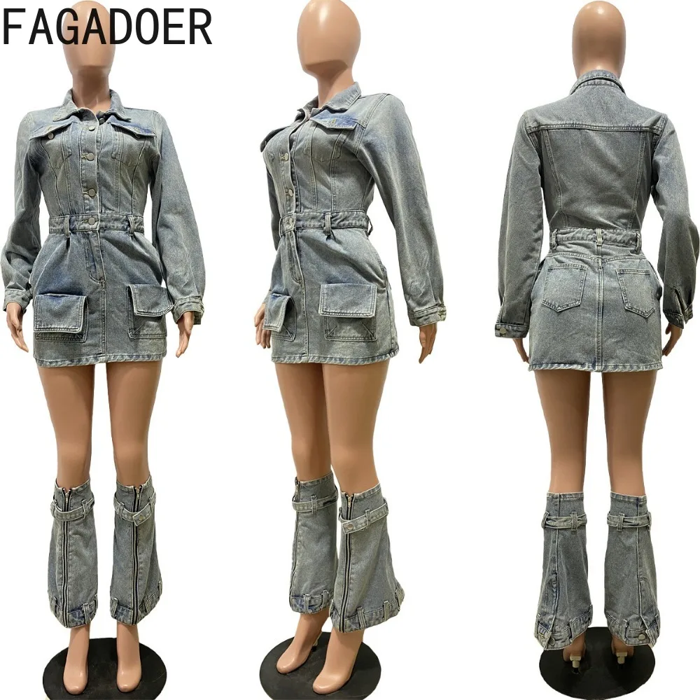 FAGADOER Dress Mini Denim wanita, gaun berkancing lengan panjang dengan saku kerah bundar dengan penutup kaki pakaian koboi perempuan