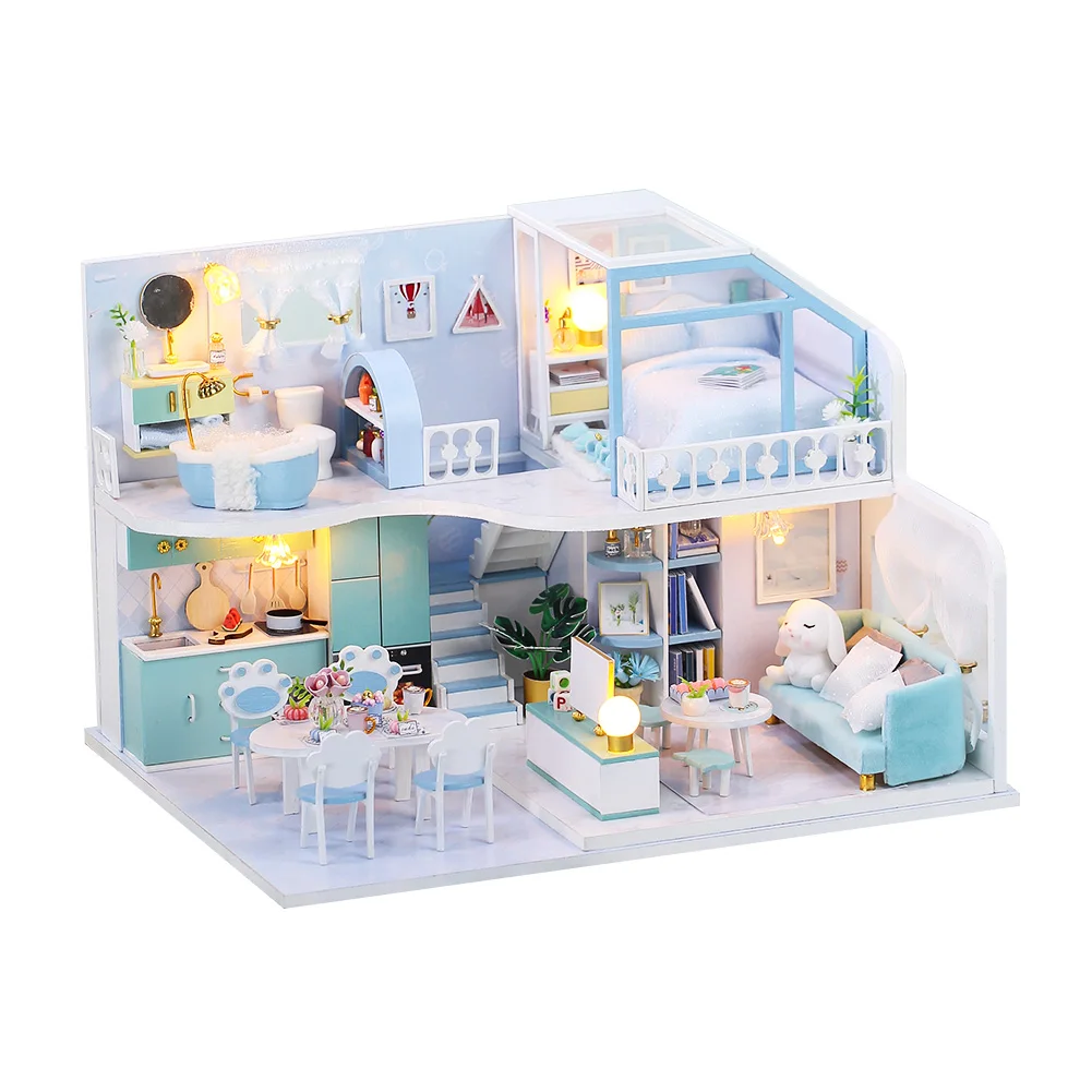 DIY Doll House Miniature 3D Wooden Dollhouses Set Furniture Kit with LED & Dust Cover Toys for Children Gift Blue