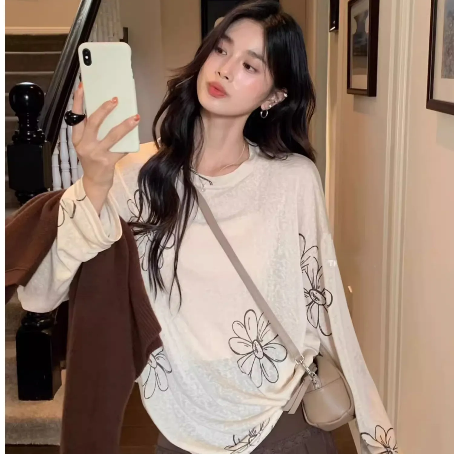 長袖 T シャツ女性綿レディース冬二重層リブ付きファンネルネック豪華な裏地付きアーバン通勤優しい暖かいエレガント