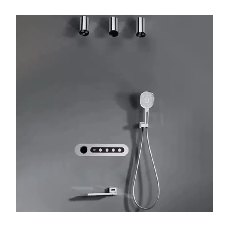 4-Function Thermostatic Shower Set Concealed Wall Mounted Brass Control Rain Pattern Jet Soft Brushed Chrome Finish Ceramic