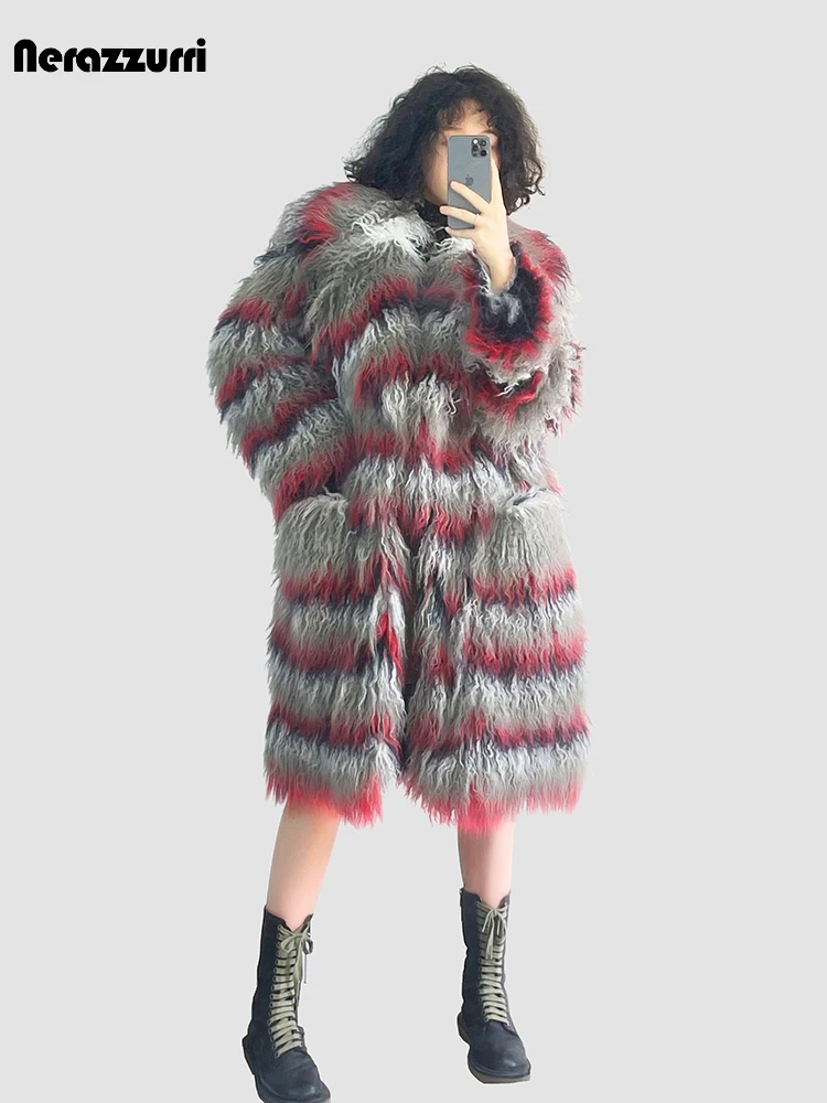 Nerazzurri Winter Long Shaggy Hairy Gradient Colorful Thick Warm Soft Fluffy Faux Fur Coat Women Pockets Luxury Designer Clothes