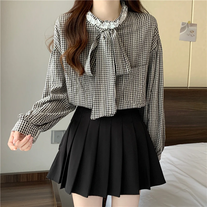 Elegant Bow Chiffon Shirt Women Chiffon Korean Vintage Lantern Sleeve Blouse Spring Fall Office Lady Korean Loose Thin Tops