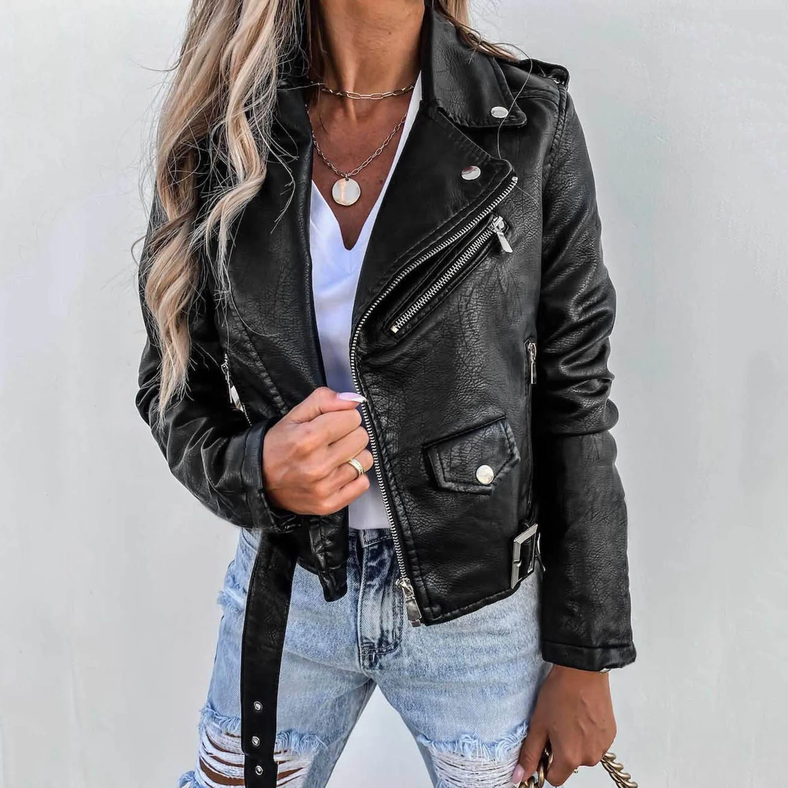 Spring Autumn Women Leather Jacket Zipper Pockets Feminina Short Coat Chaquetas Ladies Luxury Jaquetas Motorcycle Biker Clothing