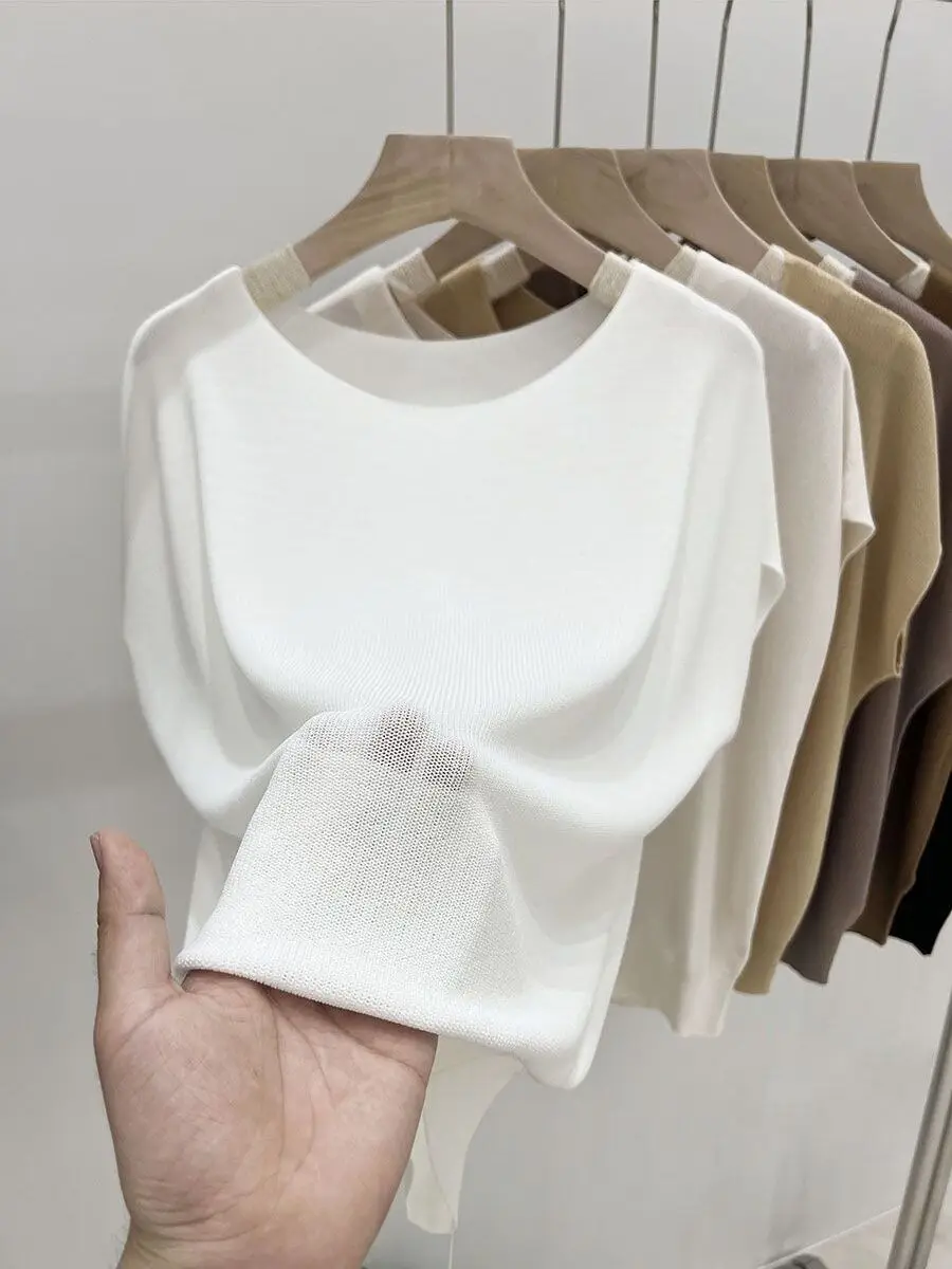 فضفاض واحد الكتف الحرير الجليد ort-Sve محبوك أعلى المرأة الصيف عارضة اللون رقيقة Sle مريحة للتنفس تي شيرت