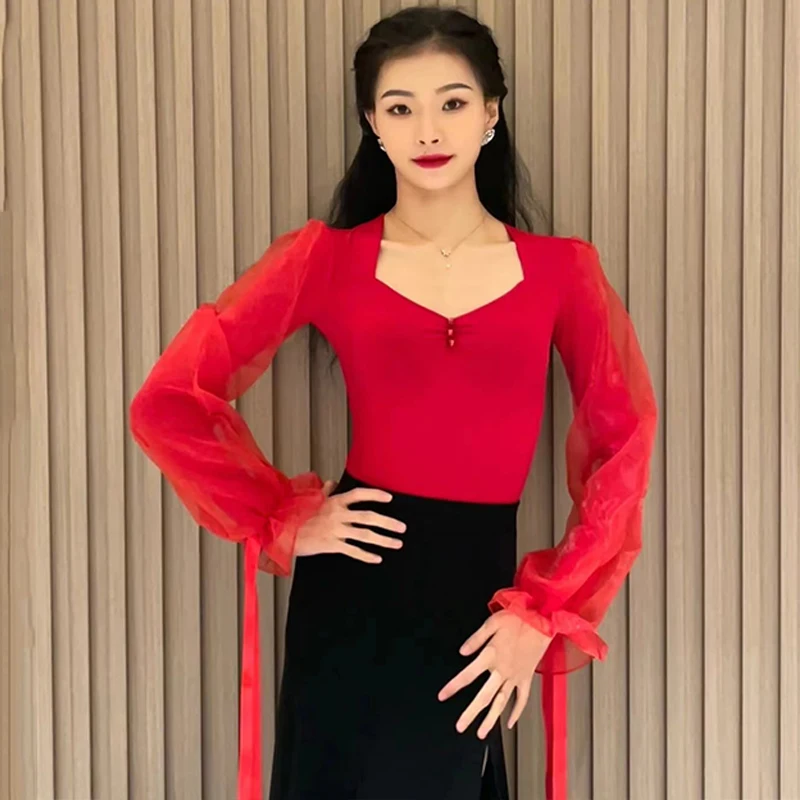 เสื้อเต้นรำละตินแขนยาวลายนางฟ้าผ้าโปร่งบางสำหรับผู้หญิงเสื้อผ้าเต้นรำบอลรูมสำหรับการแสดงวอลซ์ L13392ชุดรัดรูปสีฟ้าสีแดงสีดำ