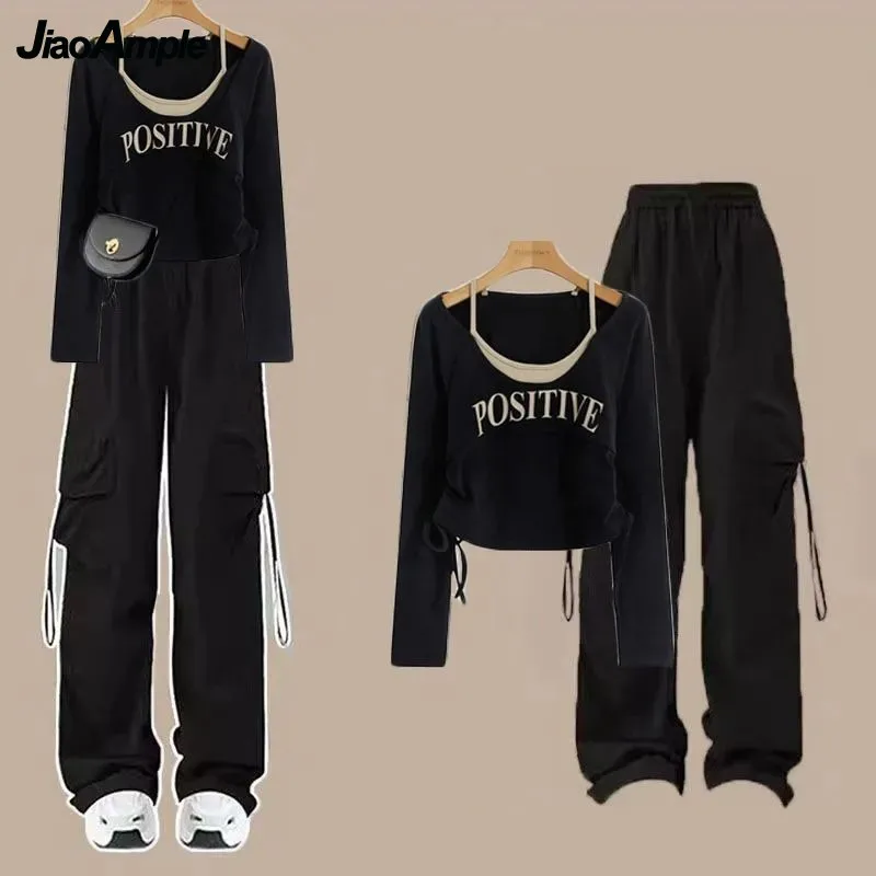 2024 Women Autumn/Winter New Retro Tracksuit Matching Set Korean Elegant Casual Long Sleeve Top+Black Cargo Pants Two Piece Suit