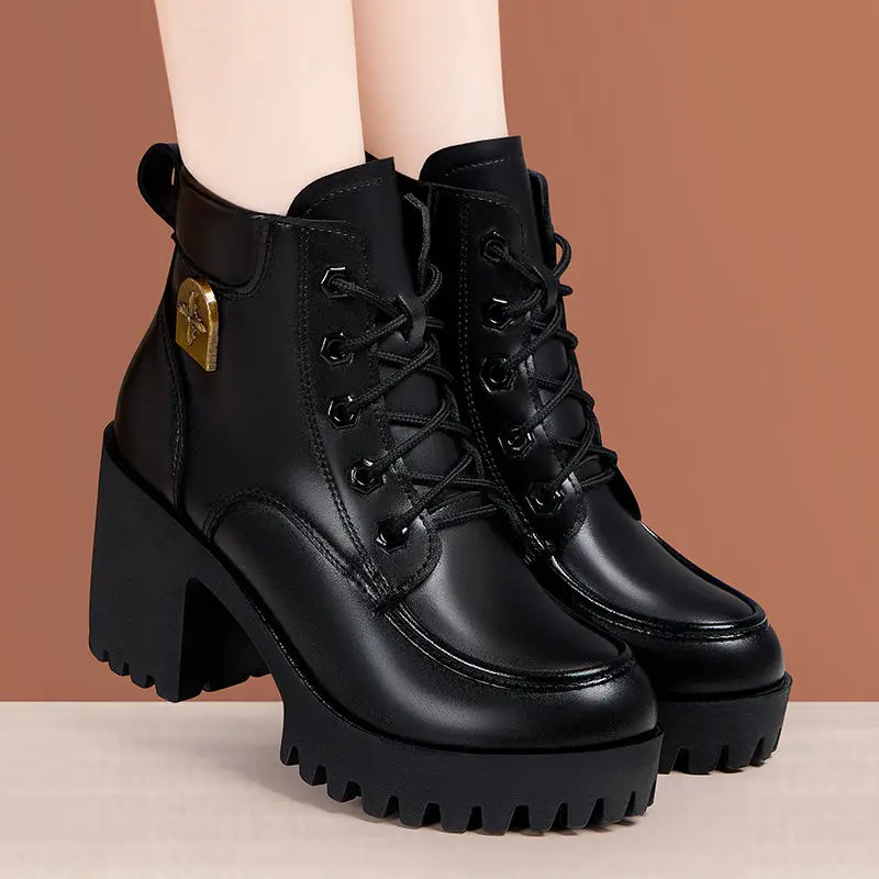 8cm 10cm Small Big Size 33-43 Platform Shoes with Fur Winter 2025 Block High Heels Boots Women's Leather Ankle Motorcycle Boots image 2