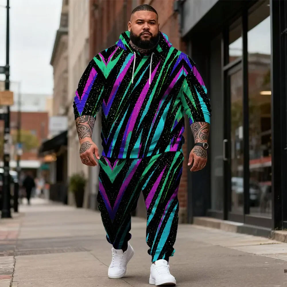Men's Plus Size 2 Piece Printed Pullover Hoodie and Jogger Pants Set, Flowing Lines, Wave Bands or Brushstroke Designs, S-9XL