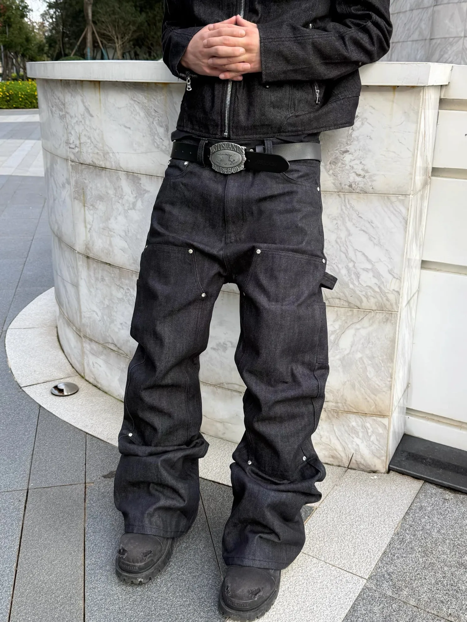 

Тяжелые оригинальные джинсовые лесозаготовительные брюки, джинсы трапециевидной формы со стразами, мужские расклешенные широкие повседневные брюки в американском стиле с тяжелым дизайном