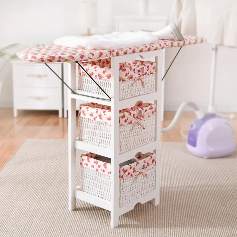 Foldable ironing board/tabletop cabinet wicker drawers