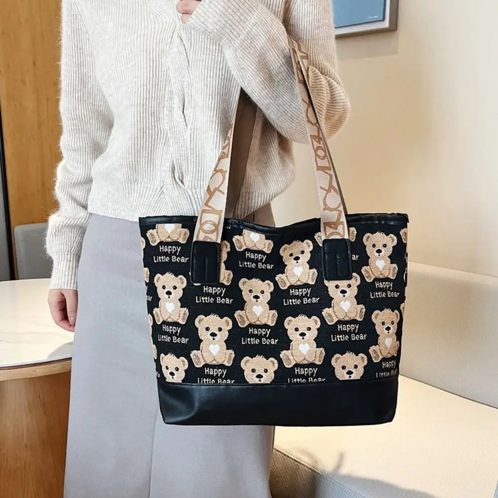 Printed Bear Canvas Bag Simple Portable Pu Leather Cartoon Handbag Mommy Bag Shopping Bag Print Tote Bag Travel