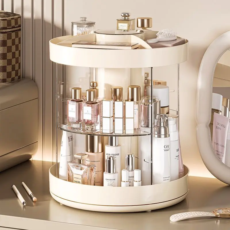 360 Degree Rotating Makeup Organizer, 3 Tier Clear Cosmetic Storage Box with Cream White Frame, Large Capacity Vanity Holder for