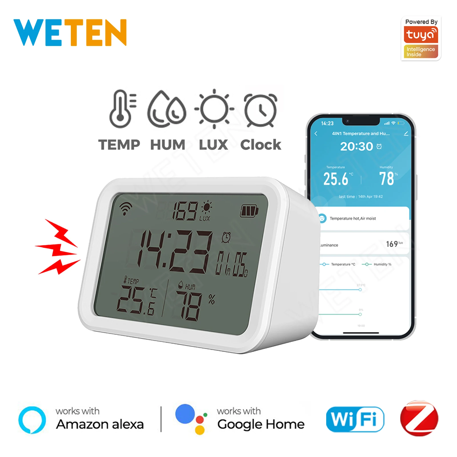 Tuya Smart Zigbee Wifi Temperature Humidity Brightness Lux Sensor Alarm LCD Screen Thermometer Hygrometer for Alexa Google Home