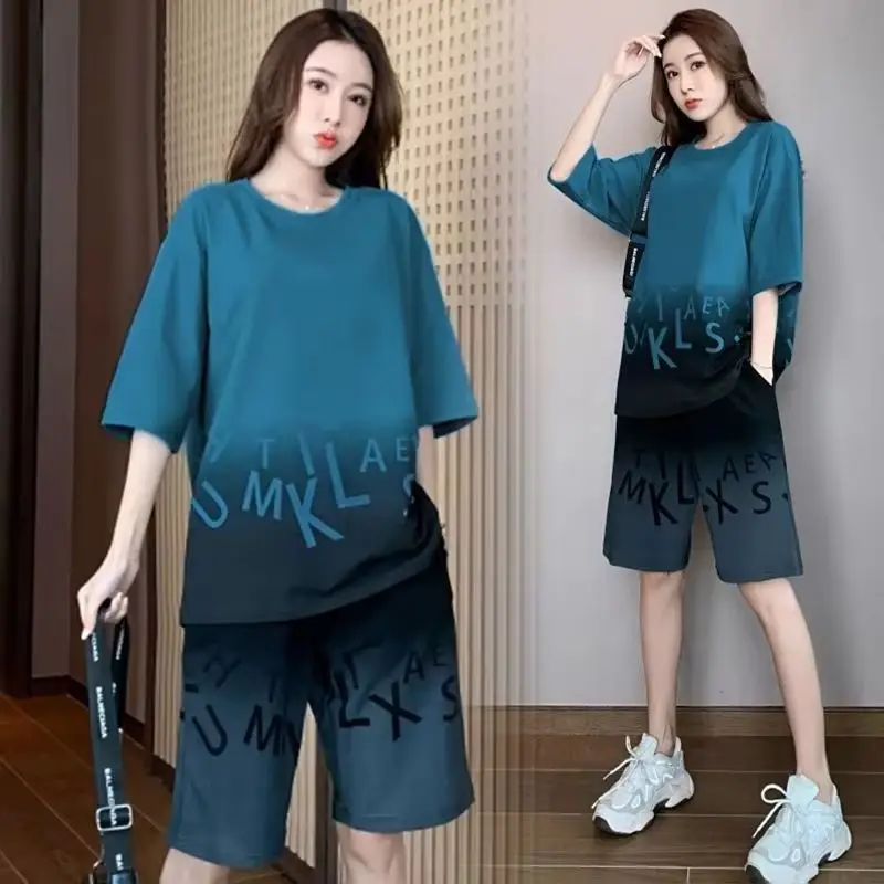 Women's Casual Fashion Sports Suit Colour Mixture Long T-shirt Tops And Shorts Two Piece Set For Women 2024 Summer New Tracksuit