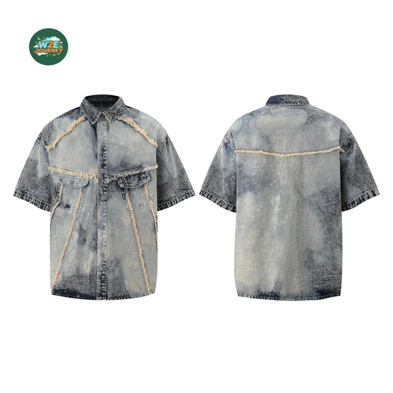 W2EJOURNEY Luxury Quality EU US Size Outdoor Wear  Washed Short-sleeve Denim Men Jean Shirt Jacket Shorts Set view 3