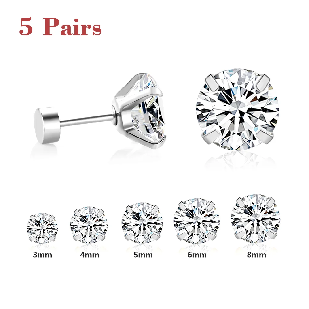 5 Pairs Wholesale Stainless Steel Zircon Screw Back Stud Earrings Bulk Piercing Jewelry For Women  Bulk Supply 3/4/5/6/8mm