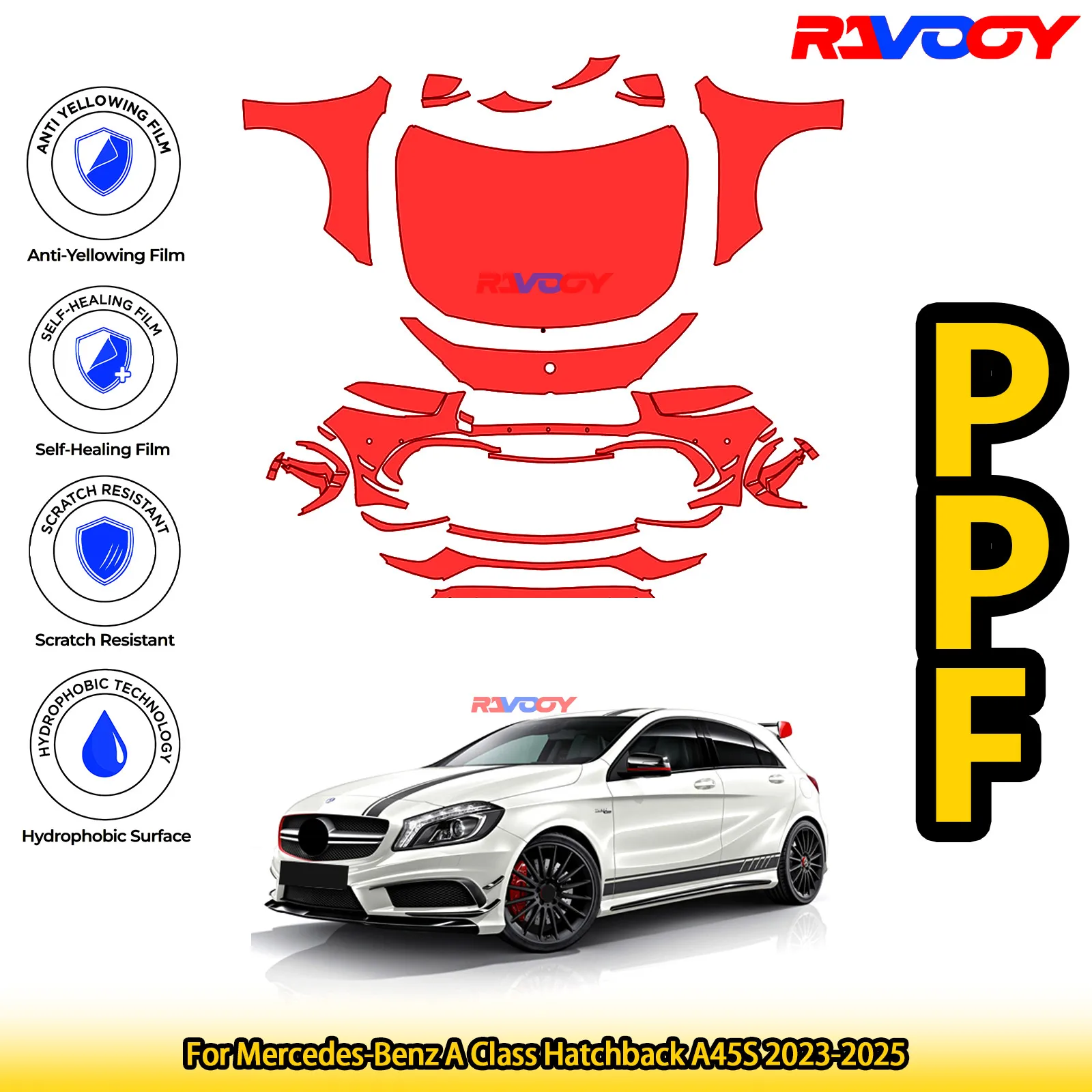 

For Mercedes-Benz A Class Hatchback A45S 2023-2025 Glossy Matte Black Precut front PPF Kit Paint Protection Film