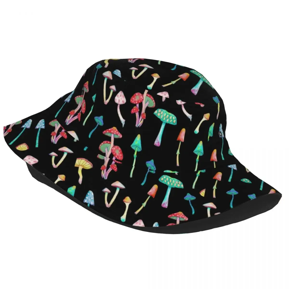 Foldable Glowing Shrooms Black Bucket Hats For Women Men Print Mushroom Summer Travel Beach Mushroom Fisherman Cap