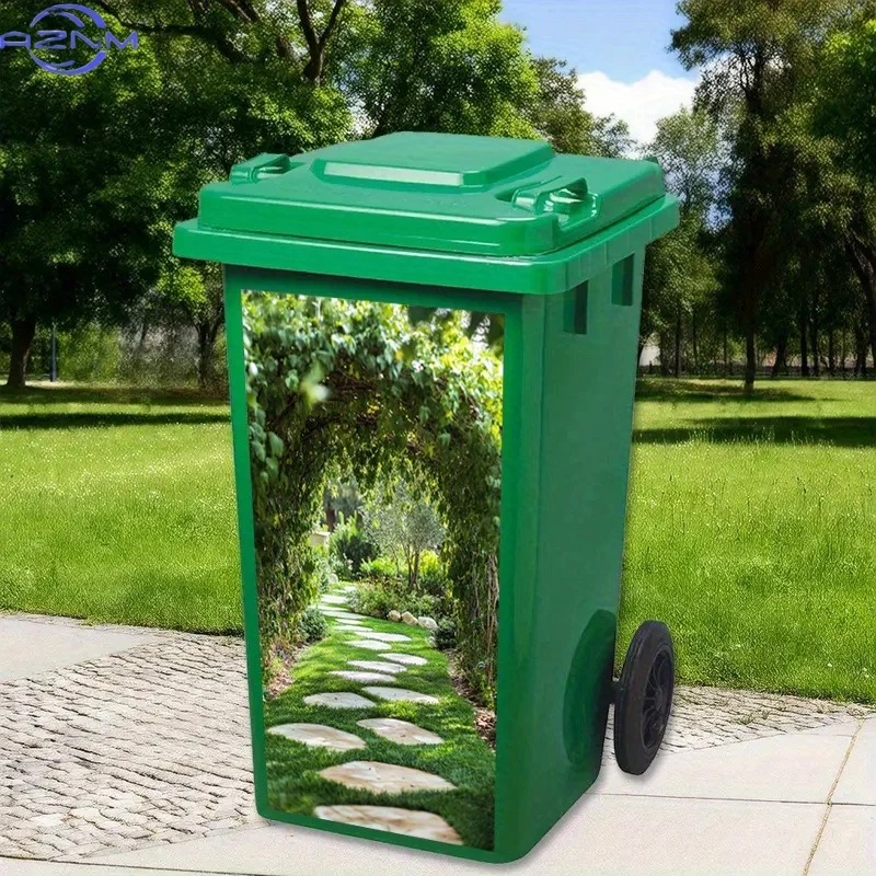 2D Flat 1pc Trash Can Stickers Garbage Bin Decals Featuring A Well-Maintained Garden Path Leads Through an Arch of Lush Vines
