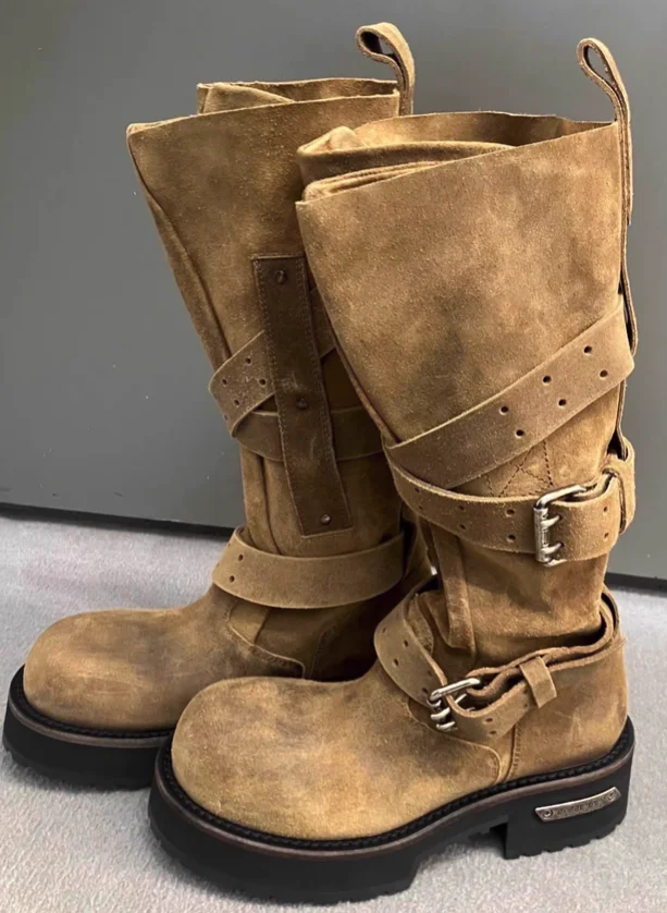 Khaki suede cool punk leather big round toe boots leather buckled vintage black thick sole pull on women and men dress shoes