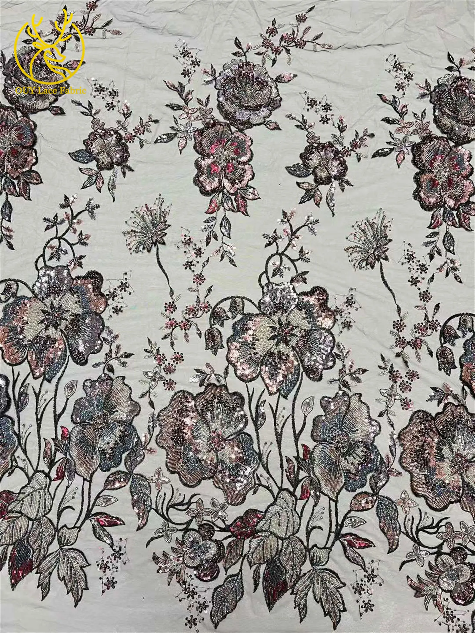 Afrikanischer schwerer Perlen-Spitzenstoff, 5 Yards, luxuriöse französische Pailletten-Spitze, Nigeria-Stickerei, Tüllspitze für Hochzeitskleider – Detail 11