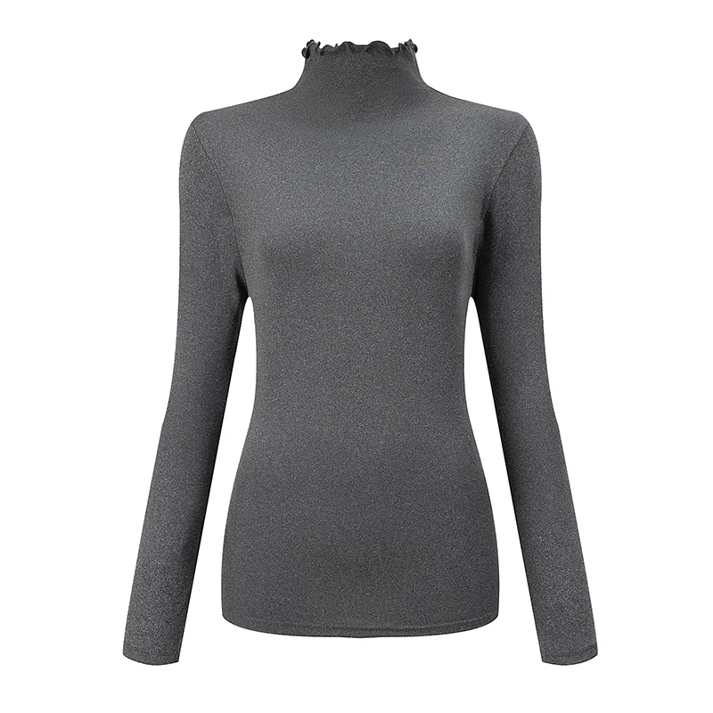 1/3 Stück Herbst- und Winter-Damen-Oberteil in Übergröße 1XL-5XL, warmes, hochgeschlossenes Oberteil, bequemes, langärmliges, schwarzes Basic-Shirt mit Rüschenkante – Detail 6