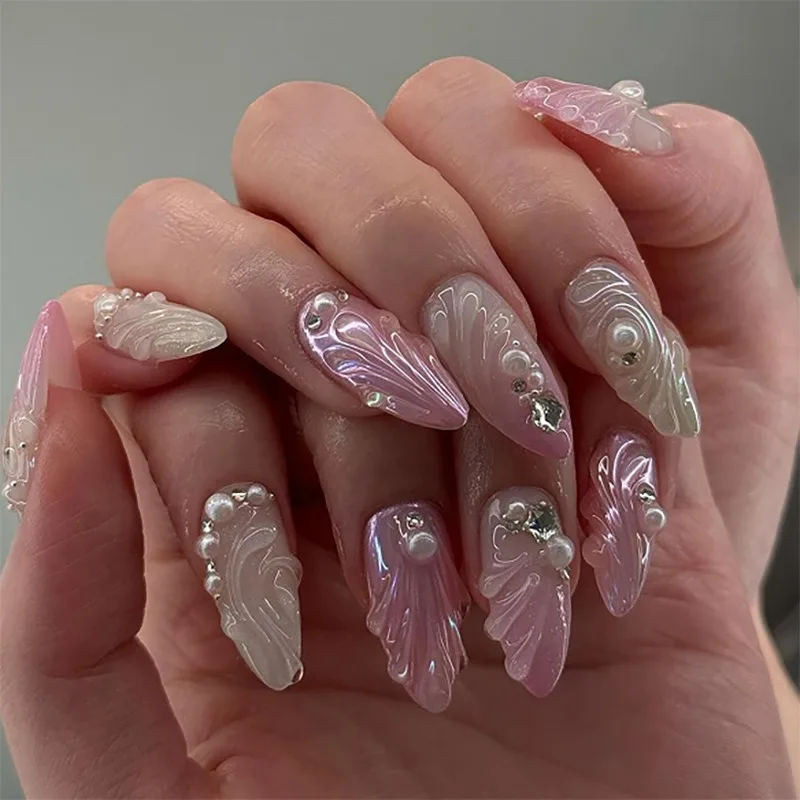 

24pcs Press on Nails 3D Pink Gradient Shell Nail Tips Fashion Medium False Nails Almond Ready-made Artificial Nails Removable