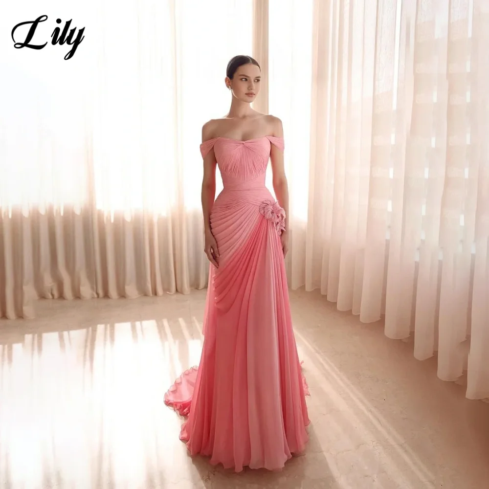 

Lily Pink Prom Dress Sweetheart Off the Shoulder with Pleats Chiffion Party Dresses A-Line Flowers Evening Dresses Customized