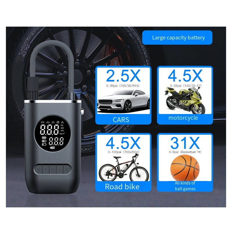 7.4V Car Inflator Pump Portable Car Motorcycle Multifunction Pump Handheld Wireless Charging Digital Display With Light