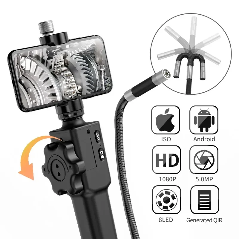 

Two-Way Articulating Endoscope 180 Degrees Steering Industrial Endoscope With 6.2mm/8.5mm Diameter Probe For iPhone Android