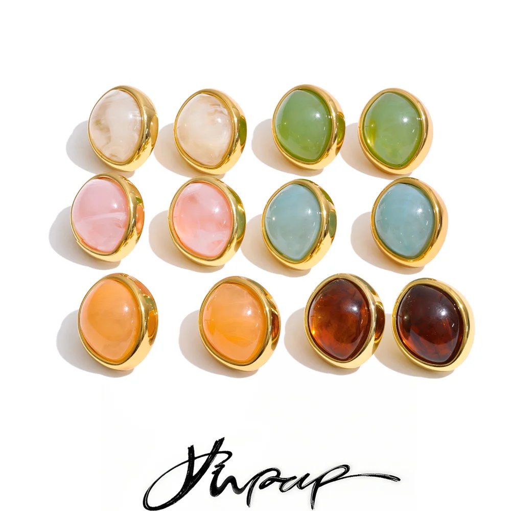 Yhpup 2026 Multi-Color Joyful Candy Resin Oval Stud Earrings 18K Gold Color PVD Plated Stainless Steel Summer Trendy Jewelry