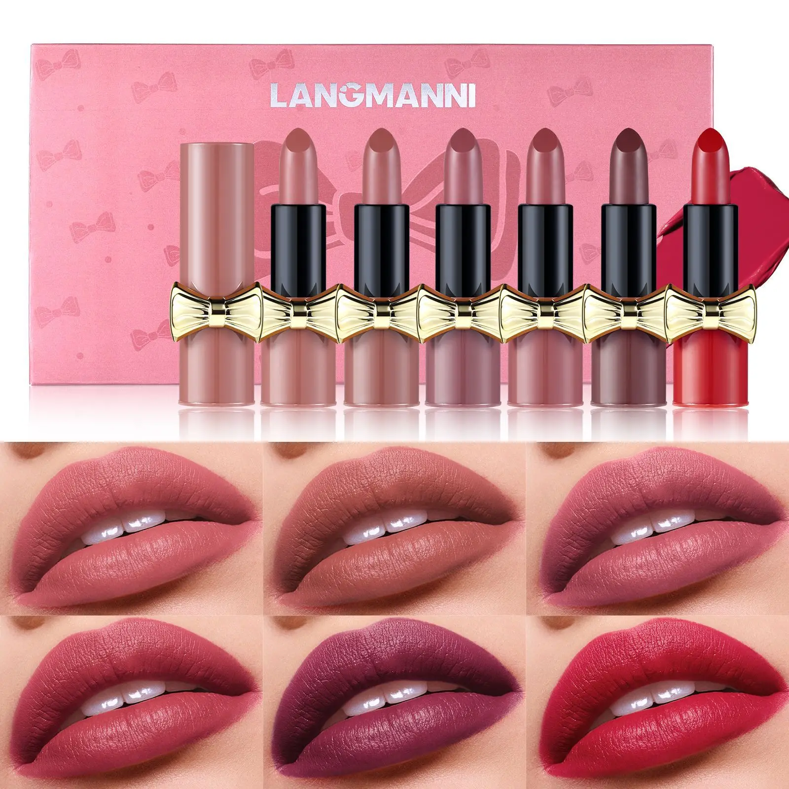 LANGMANNI 6 Color/Set Matte Velvet Bow Lipstick Long Lasting Easy Color  Moisturizing and Nourishing Lipstick Set